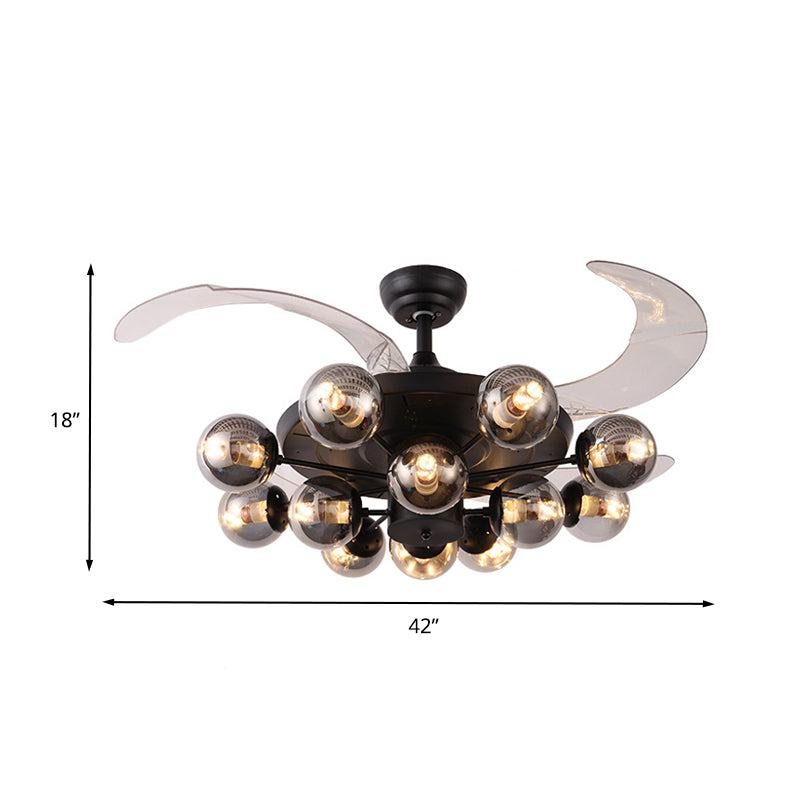 42" Wide 12-Light Clear Glass Semi Flush Lamp Vintage Black Ball Living Room Pendant Fan Light wtih 4 Clear Blades, Wall/Remote Control Clearhalo 'Ceiling Fans with Lights' 'Ceiling Fans' 'Industrial Ceiling Fans' 'Industrial' Lighting' 407158