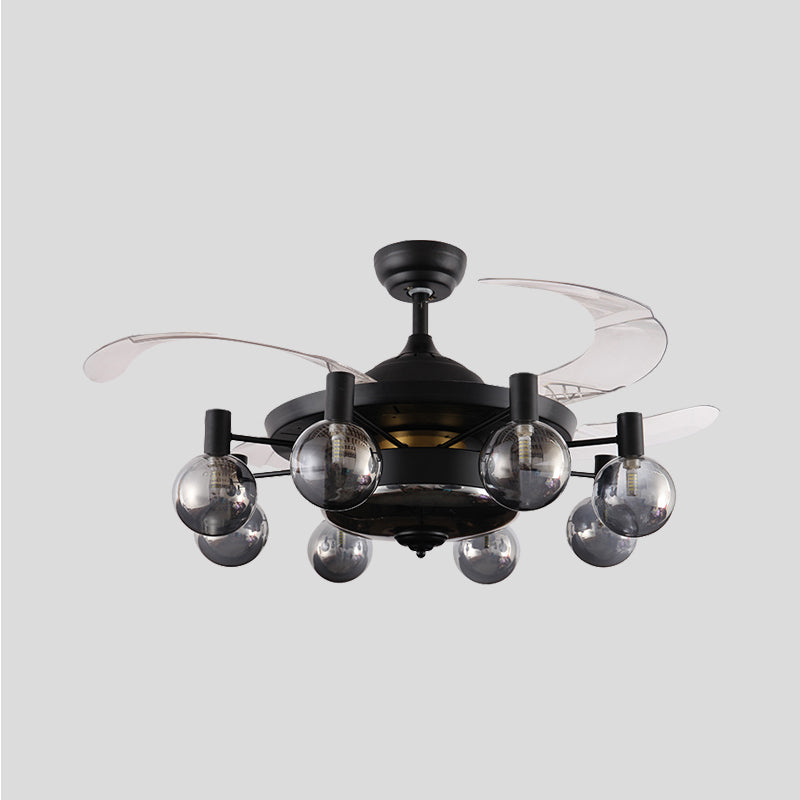 Metal Black Ceiling Fan Light Sputnik 48" Wide 8-Head Industrial 4 Clear Blades Semi Flush Lamp with Orb Grey Glass Shade, Wall/Remote Control Clearhalo 'Ceiling Fans with Lights' 'Ceiling Fans' 'Industrial Ceiling Fans' 'Industrial' Lighting' 407162