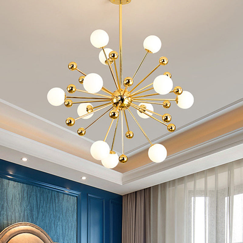 Designer Starburst Metal Chandelier Multi Lights Gold Ceiling Pendant Lamp with White Glass Ball Shade, 23.5"/31.5"/39" Wide Clearhalo 'Ceiling Lights' 'Chandeliers' 'Crystal' 'French Country' 'Glass shade' 'Glass' 'Lighting' 'Modern Chandeliers' 'Modern Pendants' 'Modern wall decor' 'Modern' 409448