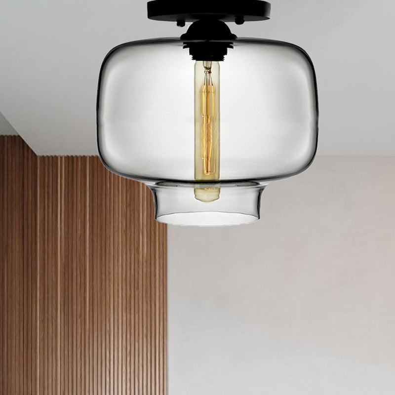 Modern Red/Sky Blue/Amber/Smoke Gray/Coffee Lantern Flushmount Light 1 Bulb Flush Mount Lamp with Glass Shade in Black Clearhalo 'Ceiling Lights' 'Close To Ceiling Lights' 'Close to ceiling' 'Flush mount' Lighting' 438259