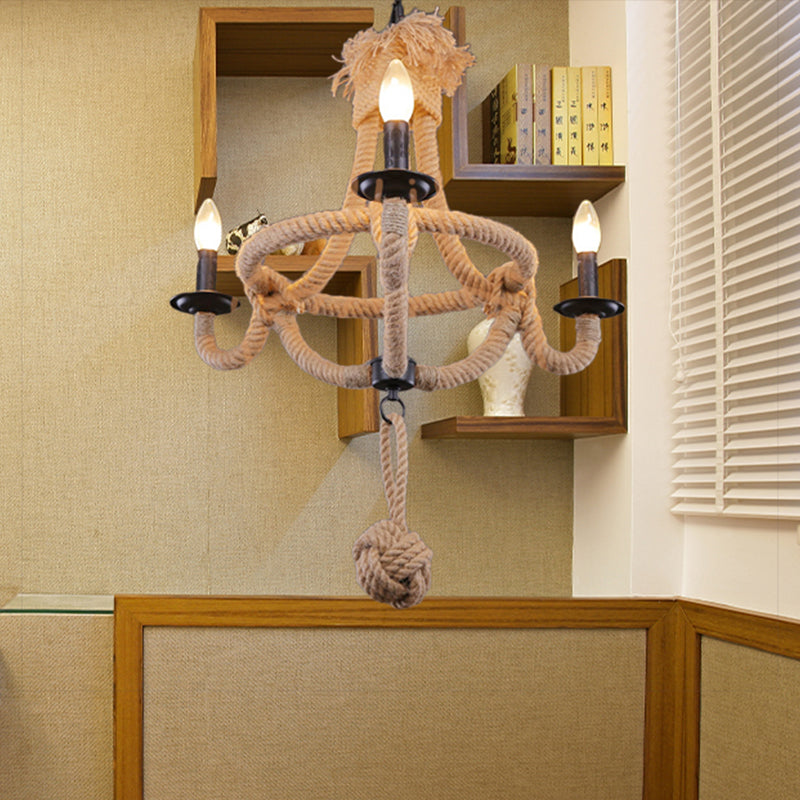 3 Heads Bowl Cage Hanging Light Country Style Brown Rope Hanging Lamp with Open Bulb for Restaurant Clearhalo 'Ceiling Lights' 'Chandeliers' Lighting' options 438790