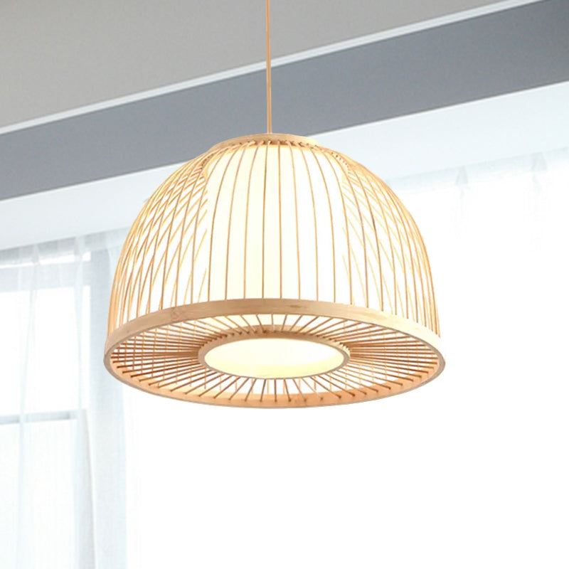 Modernism Domed Pendant Lamp Bamboo 1 Light Indoor Hanging Ceiling Light with Inner Cylinder Shade in Beige, 12"/14" W Clearhalo 'Ceiling Lights' 'Pendant Lights' 'Pendants' Lighting' 438936