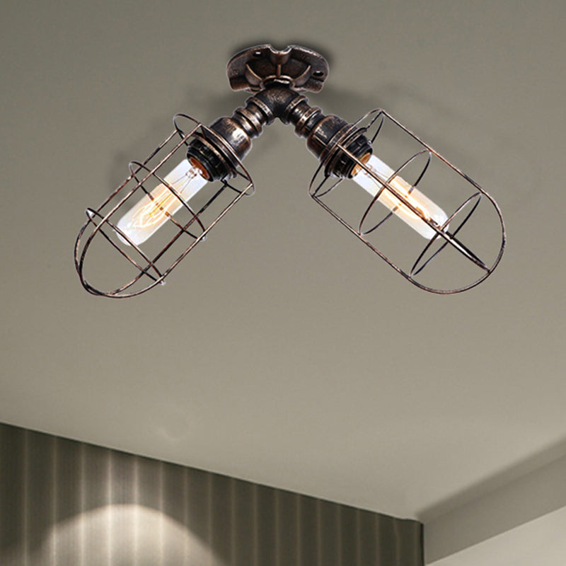 Pipe Living Room Semi-Flush Mount Light with Cage Shade Coastal Style Wrought Iron 2 Bulbs Aged Silver/Bronze Ceiling Lighting Clearhalo 'Ceiling Lights' 'Close To Ceiling Lights' 'Close to ceiling' 'Semi-flushmount' Lighting' 460312