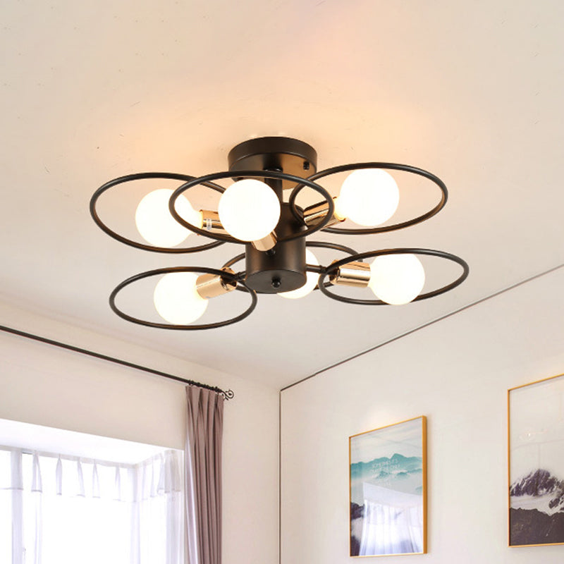 Triple Rings Metal Semi Mount Lighting Industrial 3/6 Lights Bedroom Ceiling Light Fixture in Black 6 Black Clearhalo 'Ceiling Lights' 'Close To Ceiling Lights' 'Close to ceiling' 'Semi-flushmount' Lighting' 460499