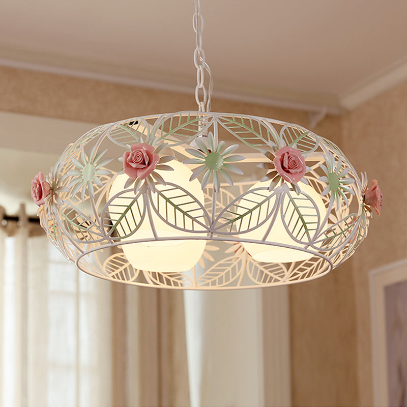 Round Metal Pendant Chandelier Pastoral 3 Heads Living Room LED Suspension Lighting with Rose in White Clearhalo 'Ceiling Lights' 'Chandeliers' Lighting' options 464987