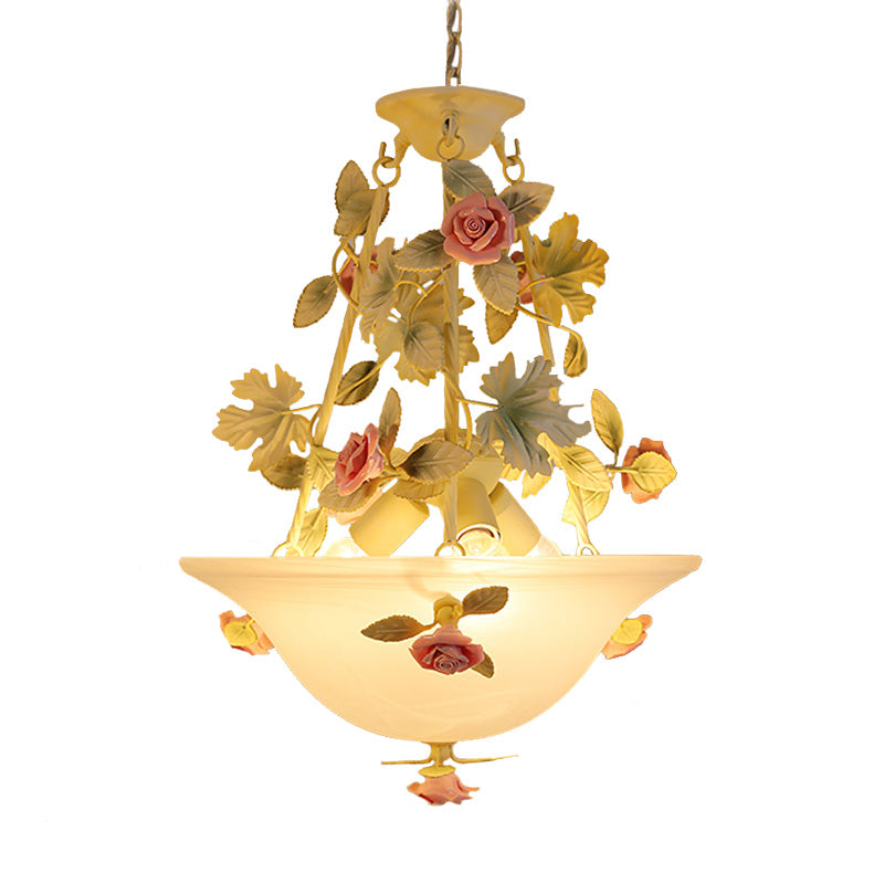 Pastoral Bowl Hanging Chandelier 3 Bulbs White Glass LED Flower Ceiling Light for Living Room Clearhalo 'Ceiling Lights' 'Chandeliers' 'Glass shade' 'Glass' Lighting' 465004