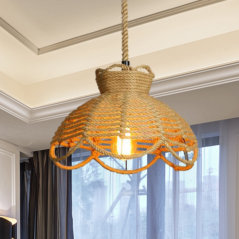 Flower Basket Rope Hanging Lighting Farmhouse 1 Head Restaurant Ceiling Lamp in Beige Clearhalo 'Ceiling Lights' 'Industrial Pendants' 'Industrial' 'Middle Century Pendants' 'Pendant Lights' 'Pendants' 'Tiffany' Lighting' 466072