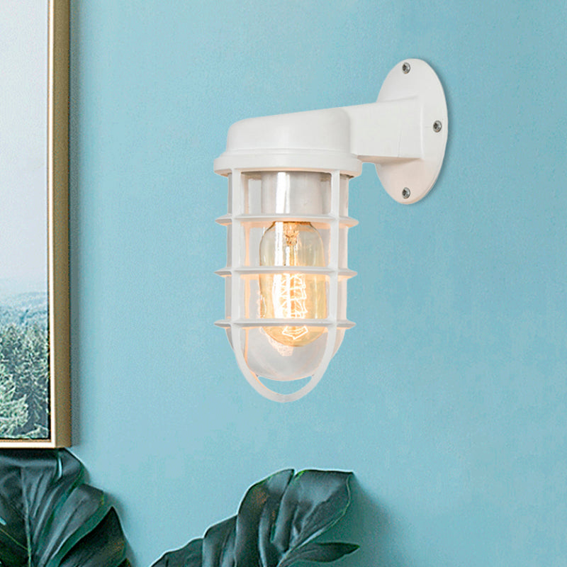 Clear Glass Black/White/Rust Sconce Light Cylinder 1-Light Traditional Wall Lamp Fixture for Porch with Caged Clearhalo 'Art deco wall lights' 'Cast Iron' 'Glass' 'Industrial wall lights' 'Industrial' 'Middle century wall lights' 'Modern' 'Rustic wall lights' 'Tiffany' 'Traditional wall lights' 'Wall Lamps & Sconces' 'Wall Lights' Lighting' 468437