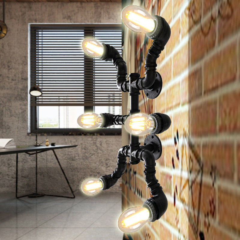 6 Bulbs Wrought Iron Ceiling Lighting Antique Stylish Black/Weathered Copper Water Pipe Indoor Semi Flush Mount Light Black Clearhalo 'Ceiling Lights' 'Close To Ceiling Lights' 'Close to ceiling' 'Semi-flushmount' Lighting' 493884