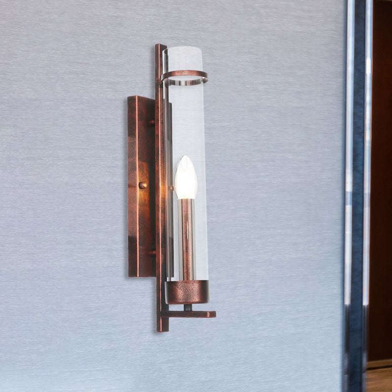 1 Light Tubular/Tube/Cylinder Wall Lamp Industrial Rust Clear Glass Sconce Light Fixture for Dining Room Clearhalo 'Art deco wall lights' 'Cast Iron' 'Glass' 'Industrial wall lights' 'Industrial' 'Middle century wall lights' 'Modern' 'Rustic wall lights' 'Tiffany' 'Traditional wall lights' 'Wall Lamps & Sconces' 'Wall Lights' Lighting' 493948