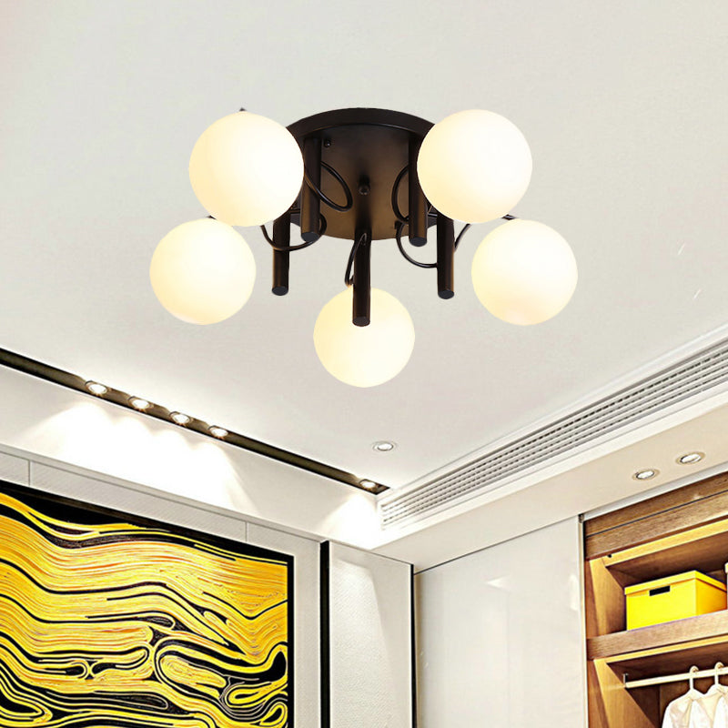 Contemporary 5 Bulbs Flushmount with Cream Glass Shade White/Black Global Semi Flush Ceiling Light Clearhalo 'Ceiling Lights' 'Close To Ceiling Lights' 'Close to ceiling' 'Flush mount' Lighting' 512763