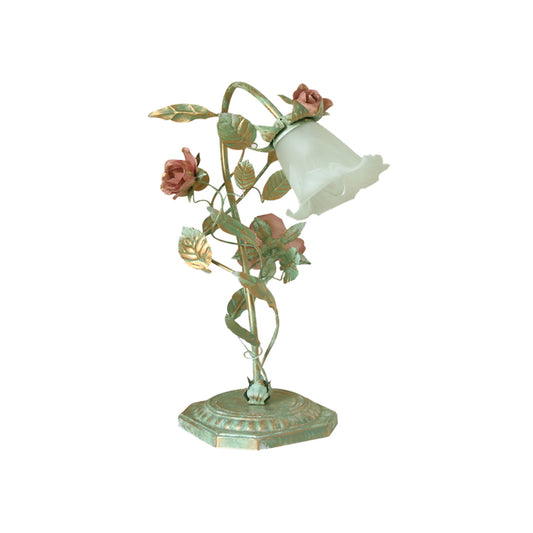 Flared Bedroom Night Table Light Pastoral Metal 1/2 Lights Green Nightstand Lamp with Flower Decoration Clearhalo 'Lamps' 'Table Lamps' Lighting' 519790