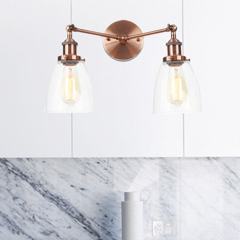 Tapered Clear Glass Wall Lamp Industrial 2 Lights Indoor Sconce Lighting Fixture in Black/Bronze/Brass Clearhalo 'Art deco wall lights' 'Cast Iron' 'Glass' 'Industrial wall lights' 'Industrial' 'Middle century wall lights' 'Modern' 'Rustic wall lights' 'Tiffany' 'Traditional wall lights' 'Wall Lamps & Sconces' 'Wall Lights' Lighting' 520022