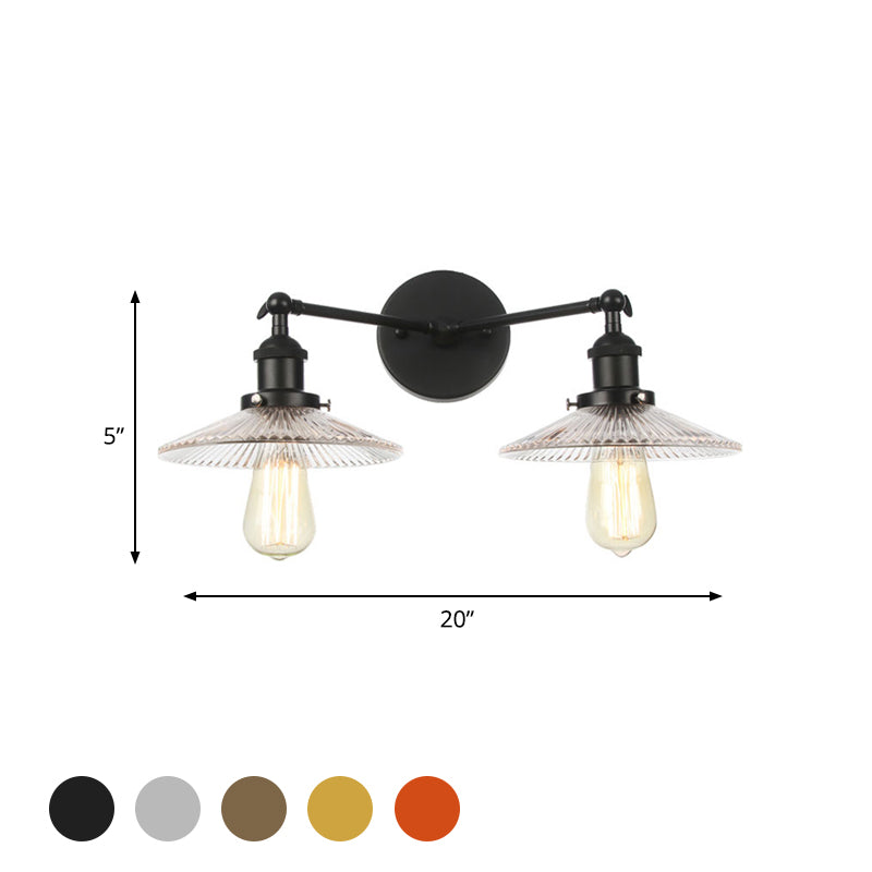 Saucer Clear Ribbed Glass Wall Sconce Light Warehouse 2 Lights Indoor Lighting Fixture in Bronze/Brass/Chrome Clearhalo 'Art deco wall lights' 'Cast Iron' 'Glass' 'Industrial wall lights' 'Industrial' 'Middle century wall lights' 'Modern' 'Rustic wall lights' 'Tiffany' 'Traditional wall lights' 'Wall Lamps & Sconces' 'Wall Lights' Lighting' 520145