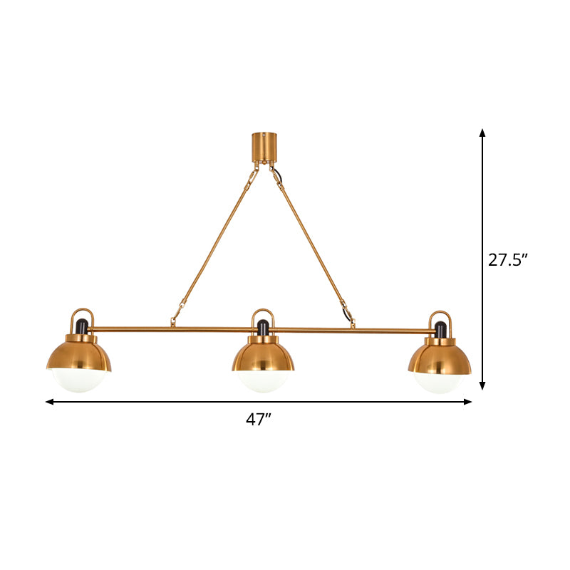 Brass Linear Chandelier Pendant Light Modernist 3 Bulbs Metallic Hanging Lamp Kit with Orb Opal Glass Shade Clearhalo 'Ceiling Lights' 'Chandeliers' 'Glass shade' 'Glass' 'Modern Chandeliers' 'Modern' Lighting' 520217