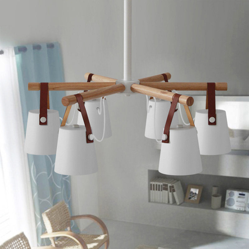 Barrel Living Room Chandelier Metal 6 Lights White Radial Hanging Pendant Lamp with Leather Strap Clearhalo 'Ceiling Lights' 'Chandeliers' 'Modern Chandeliers' 'Modern' Lighting' 536785