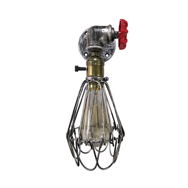 1 Head Conical Cage Sconce Light Fixture Vintage Black/Rust/Silver Finish Metal Wall Mount Lamp with Valve Deco Clearhalo 'Art deco wall lights' 'Cast Iron' 'Glass' 'Industrial wall lights' 'Industrial' 'Middle century wall lights' 'Modern' 'Rustic wall lights' 'Tiffany' 'Traditional wall lights' 'Wall Lamps & Sconces' 'Wall Lights' Lighting' 537199