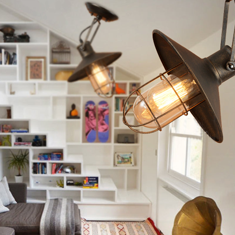 1 Light Flushmount Lighting Industrial Wide Flare Metallic Adjustable Semi Flush Mount Lamp in Rust with Cage and Handle Clearhalo 'Ceiling Lights' 'Close To Ceiling Lights' 'Close to ceiling' 'Semi-flushmount' Lighting' 537330