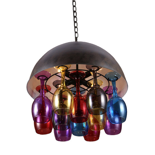 Dome Iron Hanging Chandelier Vintage 4 Lights Restaurant Suspended Pendant Lamp in Black with Colorful Wine Cup Deco Clearhalo 'Cast Iron' 'Ceiling Lights' 'Chandeliers' 'Industrial Chandeliers' 'Industrial' 'Metal' 'Middle Century Chandeliers' 'Rustic Chandeliers' 'Tiffany' Lighting' 537536