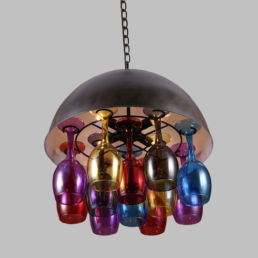Dome Iron Hanging Chandelier Vintage 4 Lights Restaurant Suspended Pendant Lamp in Black with Colorful Wine Cup Deco Clearhalo 'Cast Iron' 'Ceiling Lights' 'Chandeliers' 'Industrial Chandeliers' 'Industrial' 'Metal' 'Middle Century Chandeliers' 'Rustic Chandeliers' 'Tiffany' Lighting' 537537