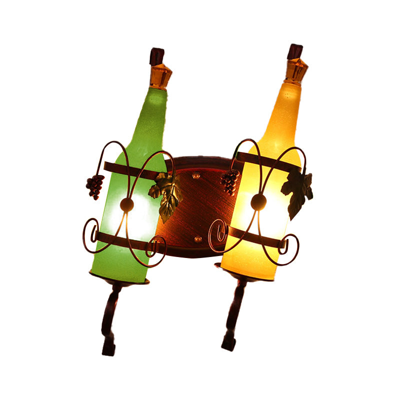 Art Deco Bottle Wall Mount Lighting 2 Bulbs Yellow/Yellow and Green/Red and White Glass Wall Sconce Lamp in Copper with Wine Rack Backplate Clearhalo 'Art deco wall lights' 'Cast Iron' 'Glass' 'Industrial wall lights' 'Industrial' 'Middle century wall lights' 'Modern' 'Rustic wall lights' 'Tiffany' 'Traditional wall lights' 'Wall Lamps & Sconces' 'Wall Lights' Lighting' 537662