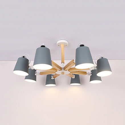 Nordic Style Undertint Chandelier Bucket Shade Metal & Wood Hanging Light for Kid Bedroom 8 Grey Clearhalo 'Ceiling Lights' 'Chandeliers' Lighting' options 55555_c443c0f8-7a50-437a-be5d-7ccf20f2c74e
