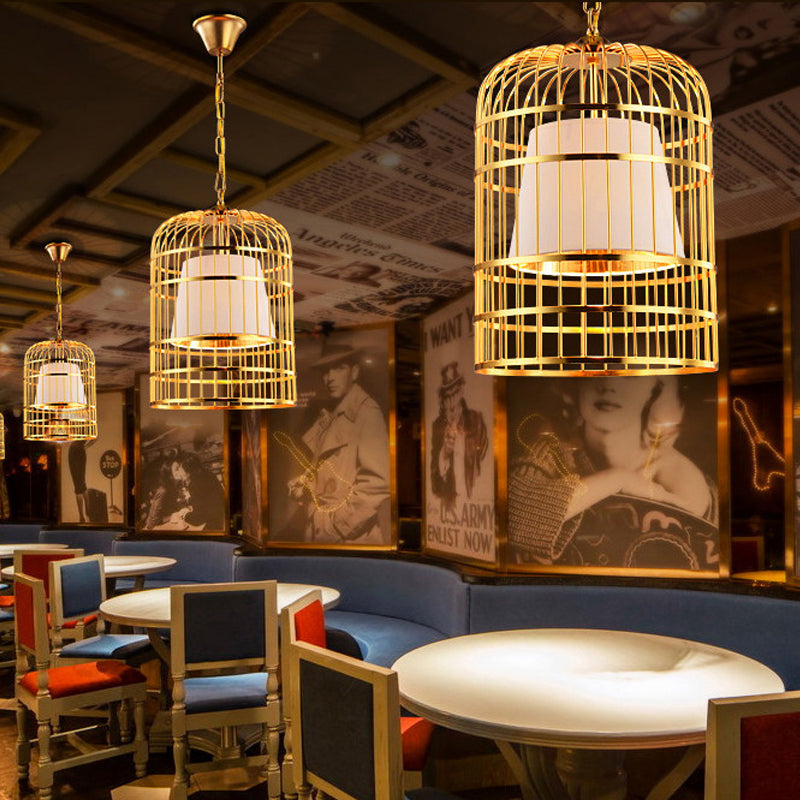 Bird Cage Dining Room Pendant Light Vintage Metal 1 Light Red/White Hanging Lamp with Tapered Fabric Shade Clearhalo 'Art Deco Pendants' 'Black' 'Cast Iron' 'Ceiling Lights' 'Ceramic' 'Crystal' 'Industrial Pendants' 'Industrial' 'Metal' 'Middle Century Pendants' 'Pendant Lights' 'Pendants' 'Rustic Pendants' 'Tiffany' Lighting' 599928