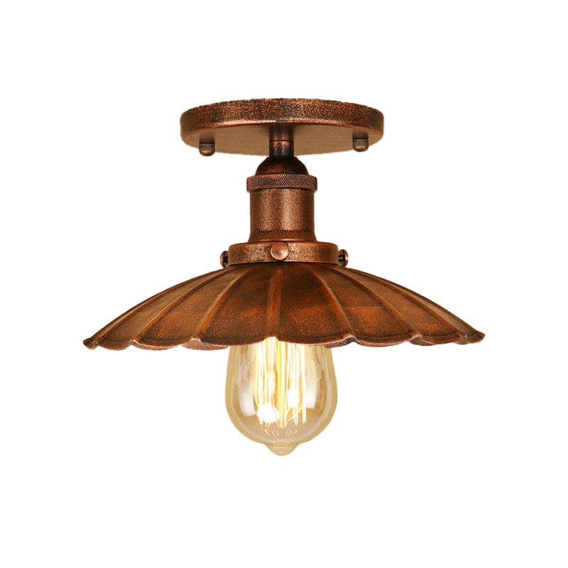 1 Head Iron Semi Flush Light Antique Style Rust/Black Scalloped Shade Balcony Semi Flush Mount Lighting Clearhalo 'Ceiling Lights' 'Close To Ceiling Lights' 'Close to ceiling' 'Flush mount' 'Industrial Flush Mount' Lighting' 602324