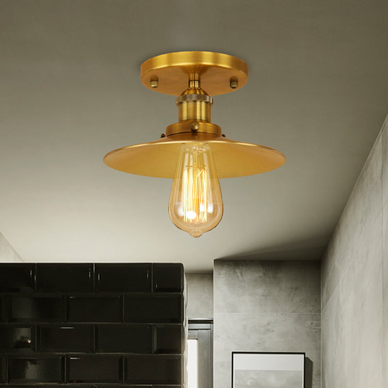 Black/Brass Flat Shade Semi Flush Light Vintage Style Metal 1 Bulb Kitchen Semi Flush Mount Lighting Clearhalo 'Ceiling Lights' 'Close To Ceiling Lights' 'Close to ceiling' 'Flush mount' 'Industrial Flush Mount' Lighting' 602390
