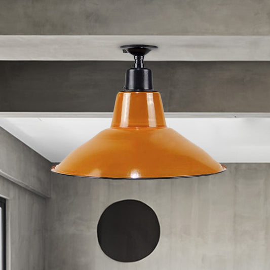 Vintage Style Cone Semi Flush Mount Lighting 1 Bulb Metal Ceiling Light Fixture in Orange for Balcony Orange Clearhalo 'Ceiling Lights' 'Close To Ceiling Lights' 'Close to ceiling' 'Flush mount' 'Industrial Flush Mount' Lighting' 602407