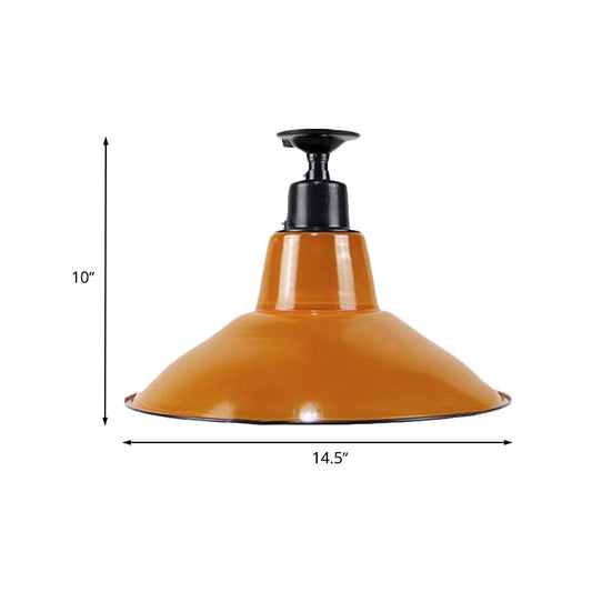 Vintage Style Cone Semi Flush Mount Lighting 1 Bulb Metal Ceiling Light Fixture in Orange for Balcony Clearhalo 'Ceiling Lights' 'Close To Ceiling Lights' 'Close to ceiling' 'Flush mount' 'Industrial Flush Mount' Lighting' 602411
