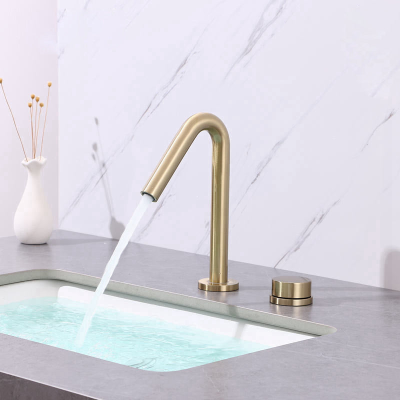 Circular 1-Handle Bathroom Faucet 2 Hole Wide Spread Bathroom Faucet Gold 9" Clearhalo 'Bathroom Remodel & Bathroom Fixtures' 'Bathroom Sink Faucets' 'Bathroom Sinks & Faucet Components' 'bathroom_sink_faucets' 'Home Improvement' 'home_improvement' 'home_improvement_bathroom_sink_faucets' 6040083