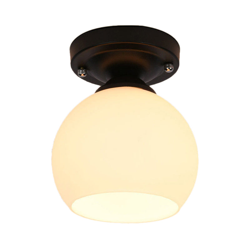 1 Light Ceiling Light Fixture with Round Shade Opal Glass Vintage Style Hallway Semi Flush in Black Clearhalo 'Ceiling Lights' 'Close To Ceiling Lights' 'Close to ceiling' 'Glass shade' 'Glass' 'Island Lights' 'Semi-flushmount' Lighting' 605815