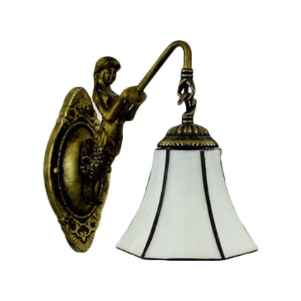 Flared Wall Light Fixture Tiffany Blue/Beige Glass 1 Head Antique Bronze Sconce Lighting Clearhalo 'Industrial' 'Middle century wall lights' 'Tiffany wall lights' 'Tiffany' 'Wall Lamps & Sconces' 'Wall Lights' Lighting' 60878