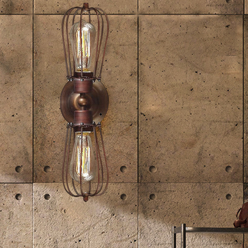 Black/Bronze Caged Sconce Light Antique Style Wrought Iron 2 Lights Mini Wall Lamp for Dining Room Clearhalo 'Art deco wall lights' 'Cast Iron' 'Glass' 'Industrial wall lights' 'Industrial' 'Middle century wall lights' 'Modern wall lights' 'Modern' 'Rustic wall lights' 'Tiffany' 'Traditional wall lights' 'Wall Lamps & Sconces' 'Wall Lights' Lighting' 612753