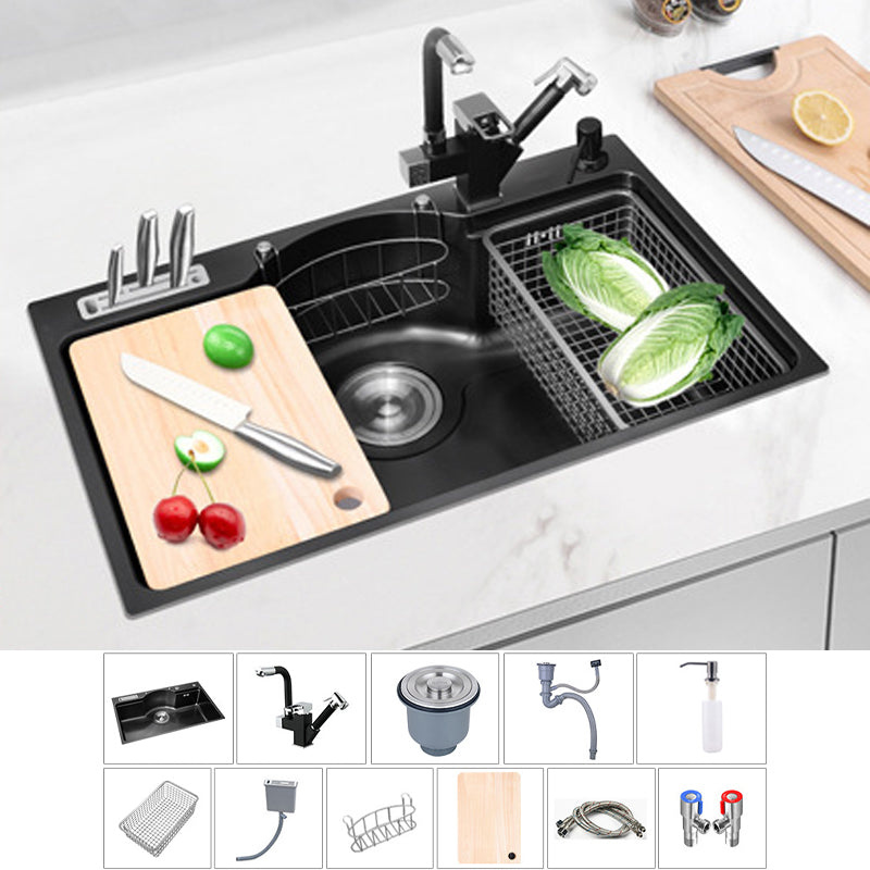 Stainless Steel 31" X 19" Kitchen Sink Single Bowl Drop-in Sink in Chrome and Black Black Sink with Faucet Spray Gun Faucet Clearhalo 'Home Improvement' 'home_improvement' 'home_improvement_kitchen_sinks' 'Kitchen Remodel & Kitchen Fixtures' 'Kitchen Sinks & Faucet Components' 'Kitchen Sinks' 'kitchen_sinks' 6140138