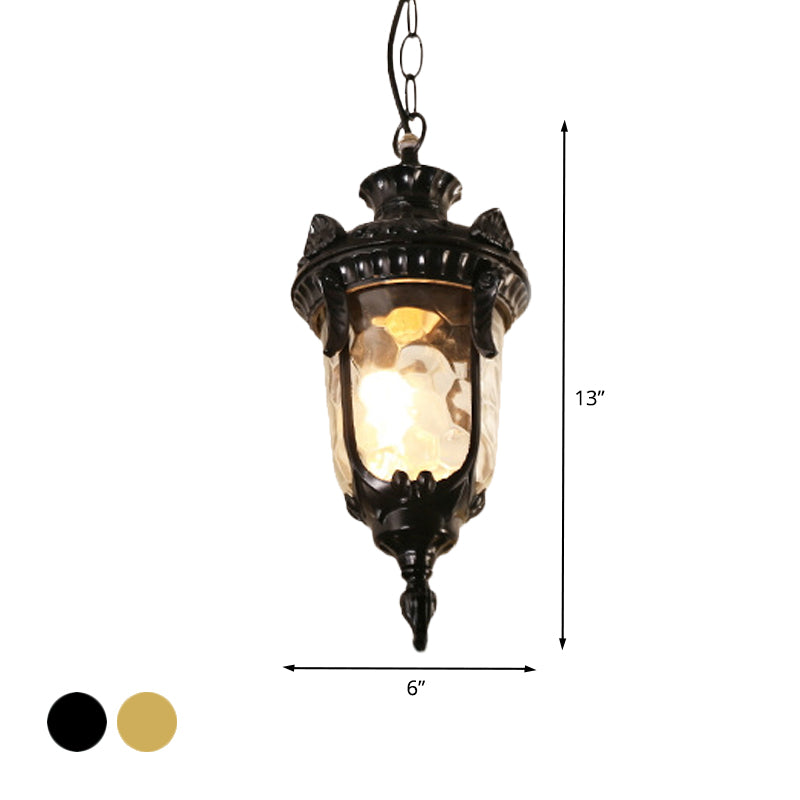 1-Head Aluminum Ceiling Light Country Black/Brass Urn Garden Hanging Lamp Fixture with Water Glass Shade Clearhalo 'Ceiling Lights' 'Glass shade' 'Glass' 'Pendant Lights' 'Pendants' Lighting' 615584