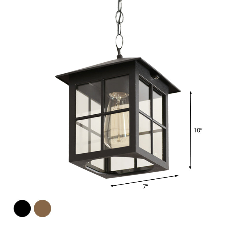 Cuboid Clear Glass Hanging Light Farmhouse 1 Bulb Courtyard Pendulum Lamp in Black/Bronze Clearhalo 'Ceiling Lights' 'Glass shade' 'Glass' 'Pendant Lights' 'Pendants' Lighting' 615602