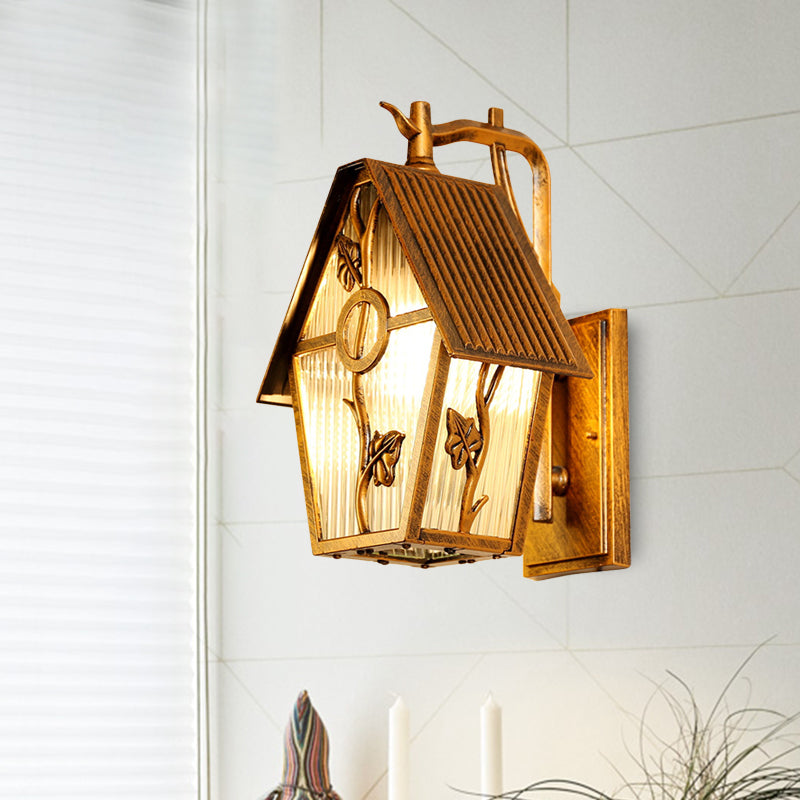 1 Head House Shape Wall Sconce Light Farmhouse Bronze Clear/Frosted/Ribbed Glass Wall Mounted Lighting Bronze Ribbed Glass Clearhalo 'Wall Lamps & Sconces' 'Wall Lights' Lighting' 615685