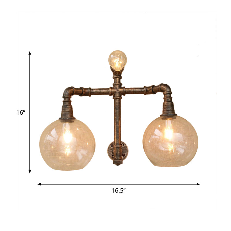 Glass Clear Wall Mounted Light Global Shade 2/3 Lights Vintage Style Wall Sconce Lighting with Pipe for Living Room Clearhalo 'Cast Iron' 'Glass' 'Industrial wall lights' 'Industrial' 'Middle century wall lights' 'Modern' 'Tiffany' 'Traditional wall lights' 'Wall Lamps & Sconces' 'Wall Lights' Lighting' 616175
