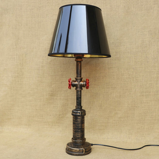 Industrial Style Pipe Table Light with Tapered Shade and Valve 1 Light Table Lamp in Black for Indoor Black Clearhalo 'Desk Lamps' 'Lamps' Lighting' 616326