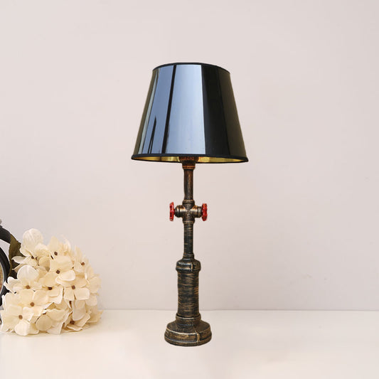 Industrial Style Pipe Table Light with Tapered Shade and Valve 1 Light Table Lamp in Black for Indoor Clearhalo 'Desk Lamps' 'Lamps' Lighting' 616328