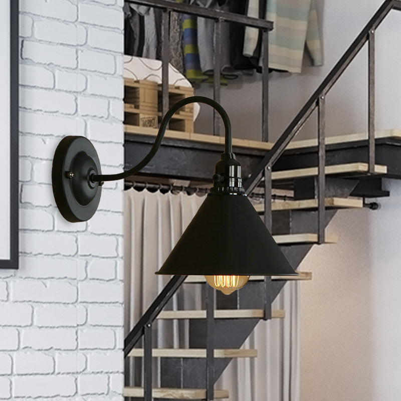Cone Bedroom Wall Lighting with Gooseneck Arm Farmhouse Metal 1 Light Black/White Wall Sconce Lamp Clearhalo 'Art deco wall lights' 'Cast Iron' 'Glass' 'Industrial wall lights' 'Industrial' 'Middle century wall lights' 'Modern' 'Rustic wall lights' 'Tiffany' 'Traditional wall lights' 'Wall Lamps & Sconces' 'Wall Lights' Lighting' 616425