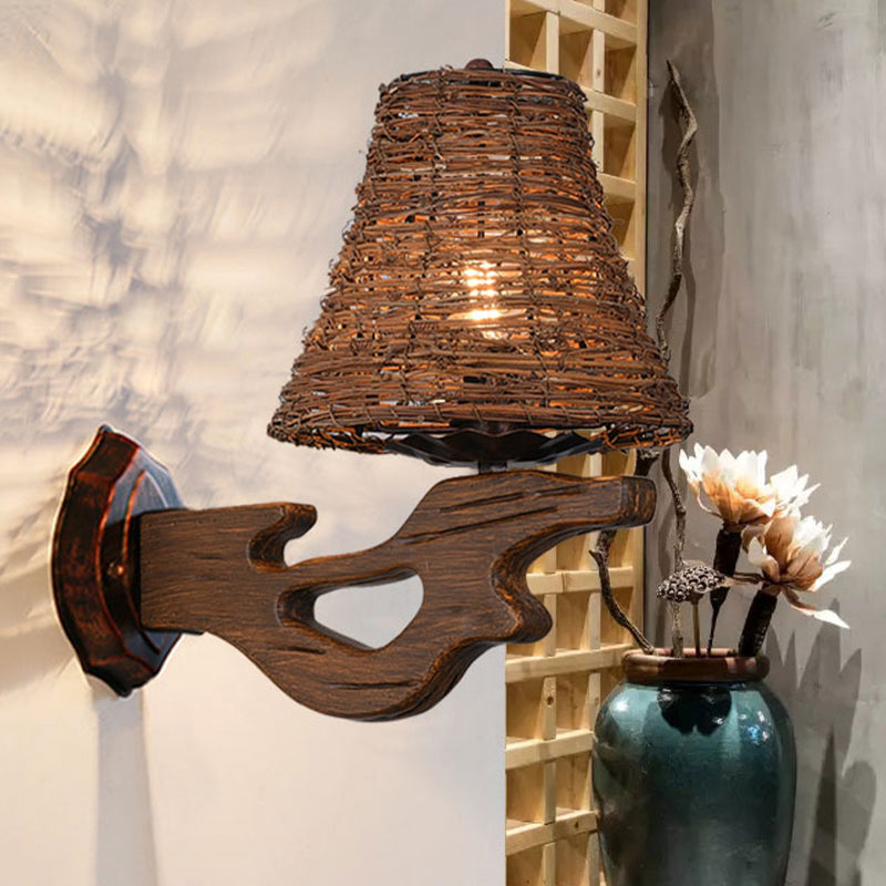 Hand-Woven Rattan Wall Light Fixture Lodge Style 1-Head Brown Sconce Lighting for Bedside, A/B Brown D Clearhalo 'Wall Lamps & Sconces' 'Wall Lights' Lighting' 616657
