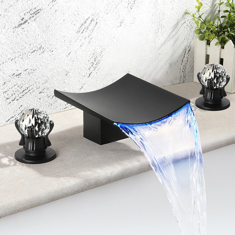 Modern Black Basin Lavatory Faucet with 2 Handle Solid Brass Bathroom Sink Faucet Led Spout Clearhalo 'Bathroom Remodel & Bathroom Fixtures' 'Bathroom Sink Faucets' 'Bathroom Sinks & Faucet Components' 'bathroom_sink_faucets' 'Casa' 'Home Improvement' 'home_improvement' 'home_improvement_bathroom_sink_faucets' 6168540