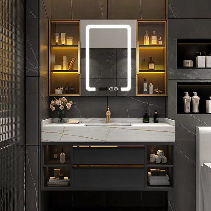 Glam Bathroom Sink Vanity Quartz with Mirror and Faucet Wall-Mounted Vanity Sink Vanity & Faucet & Mirror Cabinet White-Gold Clearhalo 'Bathroom Remodel & Bathroom Fixtures' 'Bathroom Vanities' 'bathroom_vanities' 'Home Improvement' 'home_improvement' 'home_improvement_bathroom_vanities' 6273190