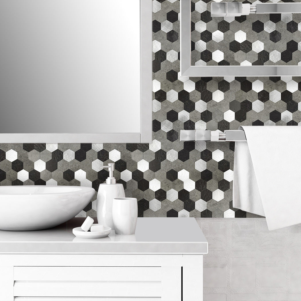 Hexagonal Mosaic Tile Metal Peel and Stick Tiles for Kitchen and Bathroom, 11.8"x 11.8" Black White Gray 10-Piece Set Clearhalo 'Flooring 'Home Improvement' 'home_improvement' 'home_improvement_peel_stick_blacksplash' 'Peel & Stick Backsplash Tile' 'peel_stick_blacksplash' 'Walls & Ceilings' Walls and Ceiling' 6298615