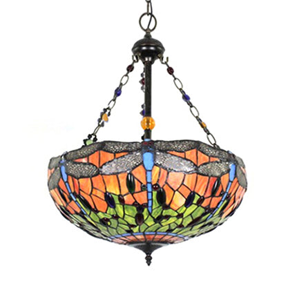 Orange Bowl Hanging Ceiling Light with Dragonfly Pattern 18"/23.5" W Lodge Tiffany Stained Pendant Light for Foyer Clearhalo 'Ceiling Lights' 'Chandeliers' 'Industrial' 'Middle Century Chandeliers' 'Tiffany Chandeliers' 'Tiffany close to ceiling' 'Tiffany' Lighting' 62996