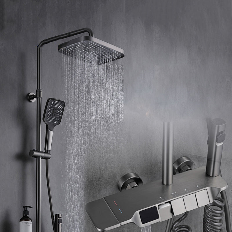 Wall Mounted Shower Metal Shower Faucet Arm Shower System with Slide Bar Gun Grey Thermostatic Digital Display Included Clearhalo 'Bathroom Remodel & Bathroom Fixtures' 'Home Improvement' 'home_improvement' 'home_improvement_shower_faucets' 'Shower Faucets & Systems' 'shower_faucets' 'Showers & Bathtubs Plumbing' 'Showers & Bathtubs' 6312166