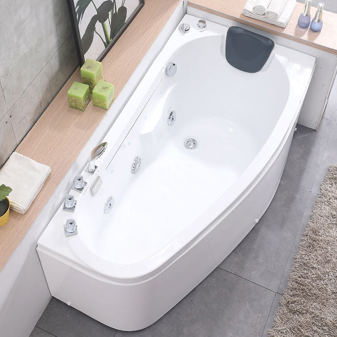 Corner Acrylic Bathroom Bath Tub Modern Back to Wall Soaking Tub Massage & Waterfall & Thermostat & Aerator & Lights Tub with Silver 5-Piece Set Clearhalo 'Bathroom Remodel & Bathroom Fixtures' 'Bathtubs' 'Home Improvement' 'home_improvement' 'home_improvement_bathtubs' 'Showers & Bathtubs' 6323242